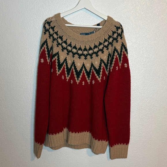 Polo Ralph Lauren Red Tan Fair Isle Wool Alpaca Classic Crew Sweater Size XXL - Picture 5 of 11